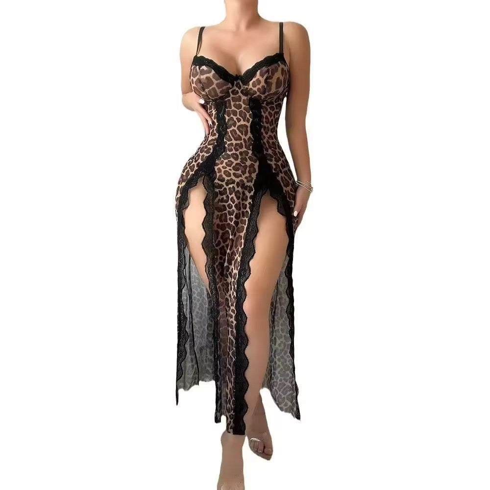Women’s Leopard Print Sheer Nightwear Dress | Fancy Long Lingerie with Slit – Free Size (M-XL)