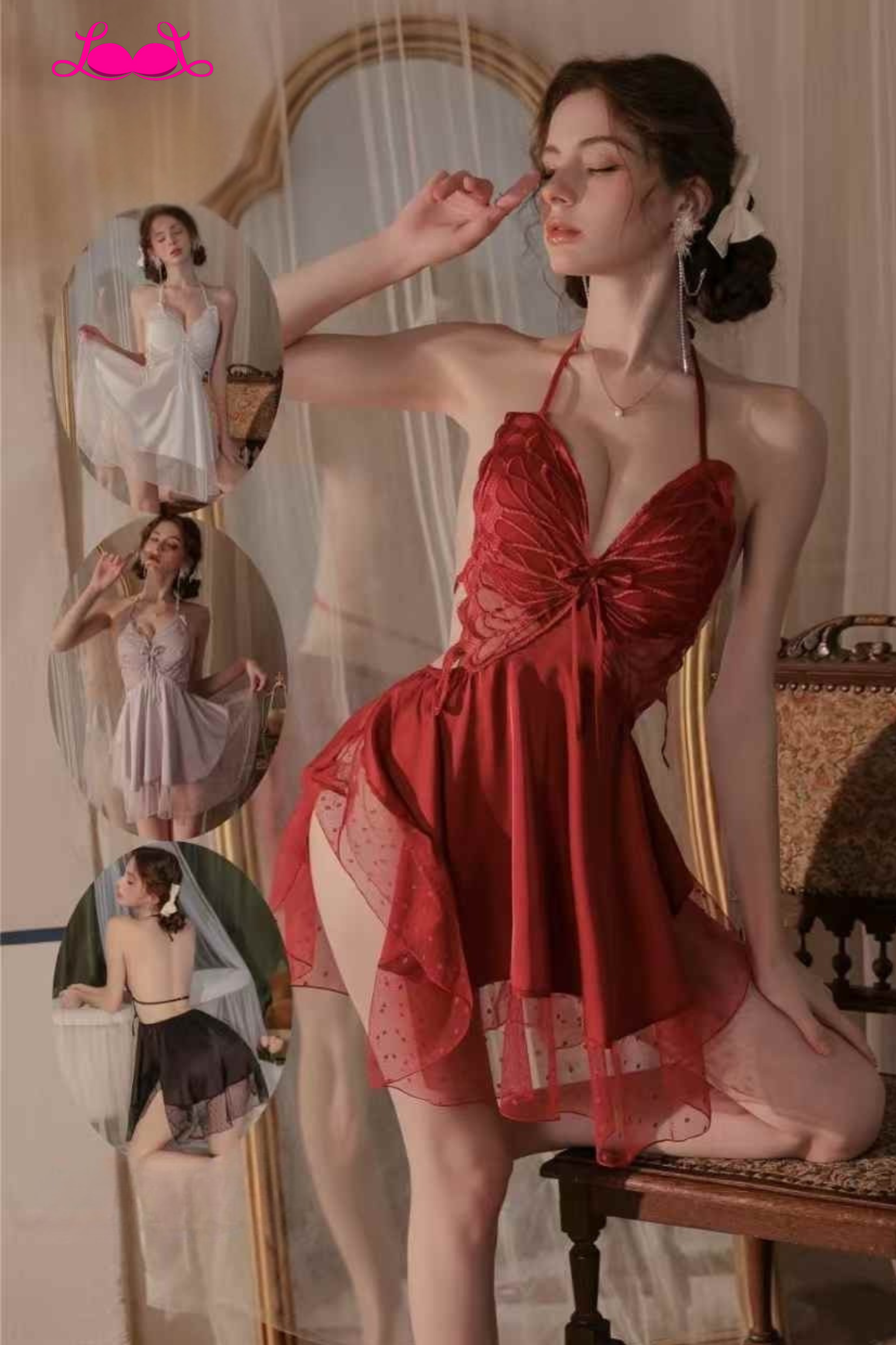Sheer Butterfly Lace Babydoll Intimate Nightdress with Matching Thong – Sexy Women’s Lingerie (M/L/XL)