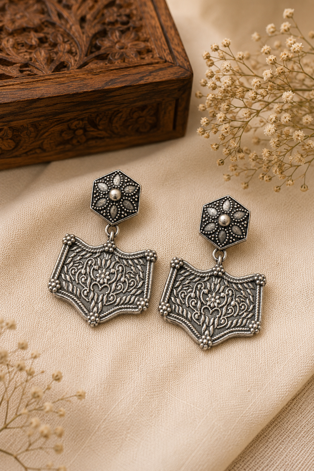 Meher Hexa Filigree Drop Earrings