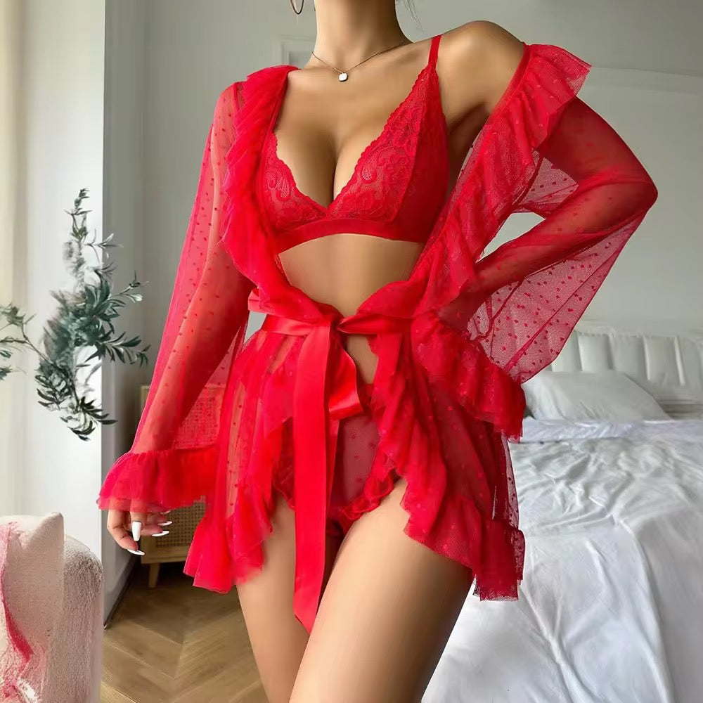 Women’s Red Lace Lingerie Set with Sheer Robe | 3-Piece Bridal & Honeymoon Fancy Wear