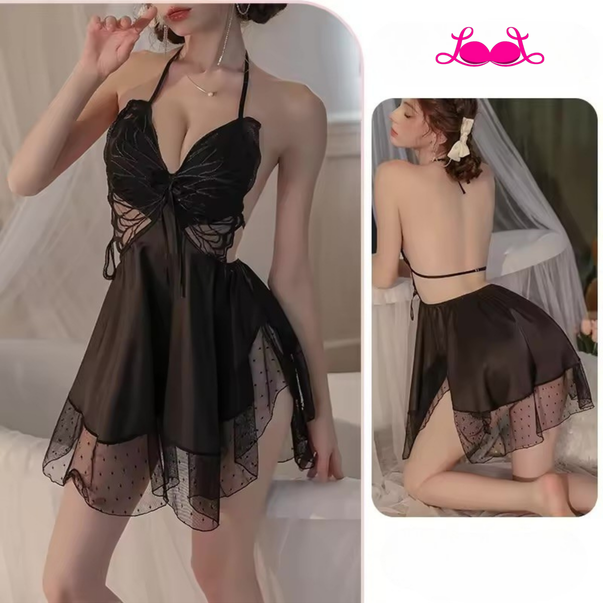 Sheer Butterfly Lace Babydoll Intimate Nightdress with Matching Thong – Sexy Women’s Lingerie (M/L/XL)