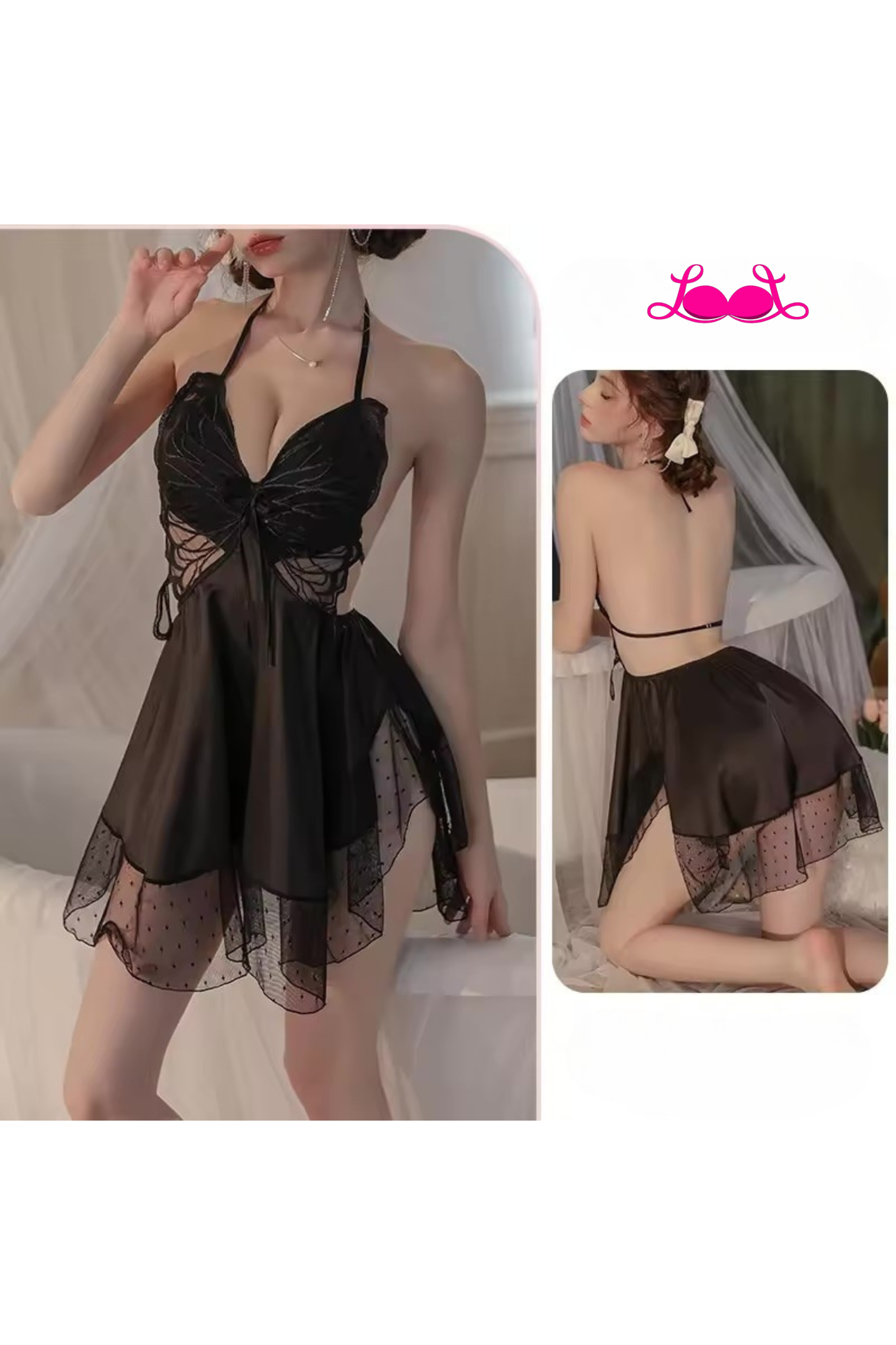Sheer Butterfly Lace Babydoll Intimate Nightdress with Matching Thong – Sexy Women’s Lingerie (M/L/XL)