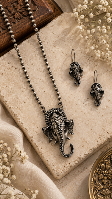 Divine Ganesha Oxidised Necklace Set