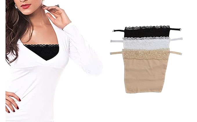 Lace Cleavage Cover Insert/ Deep Closer | Modesty Panel for Low Neckline Tops & Dresses | Cotton & Lace, 3 Colors in 1 Pack – Free Size