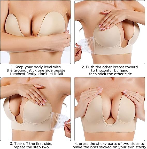Strapless Deep U Plunge Push-Up Bra – Invisible Adhesive, Backless & Wire-Free