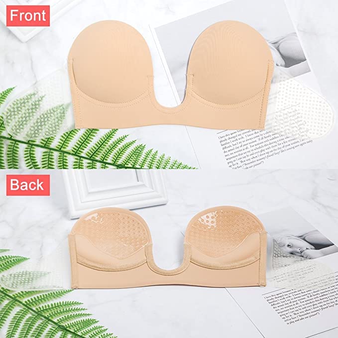 Strapless Deep U Plunge Push-Up Bra – Invisible Adhesive, Backless & Wire-Free