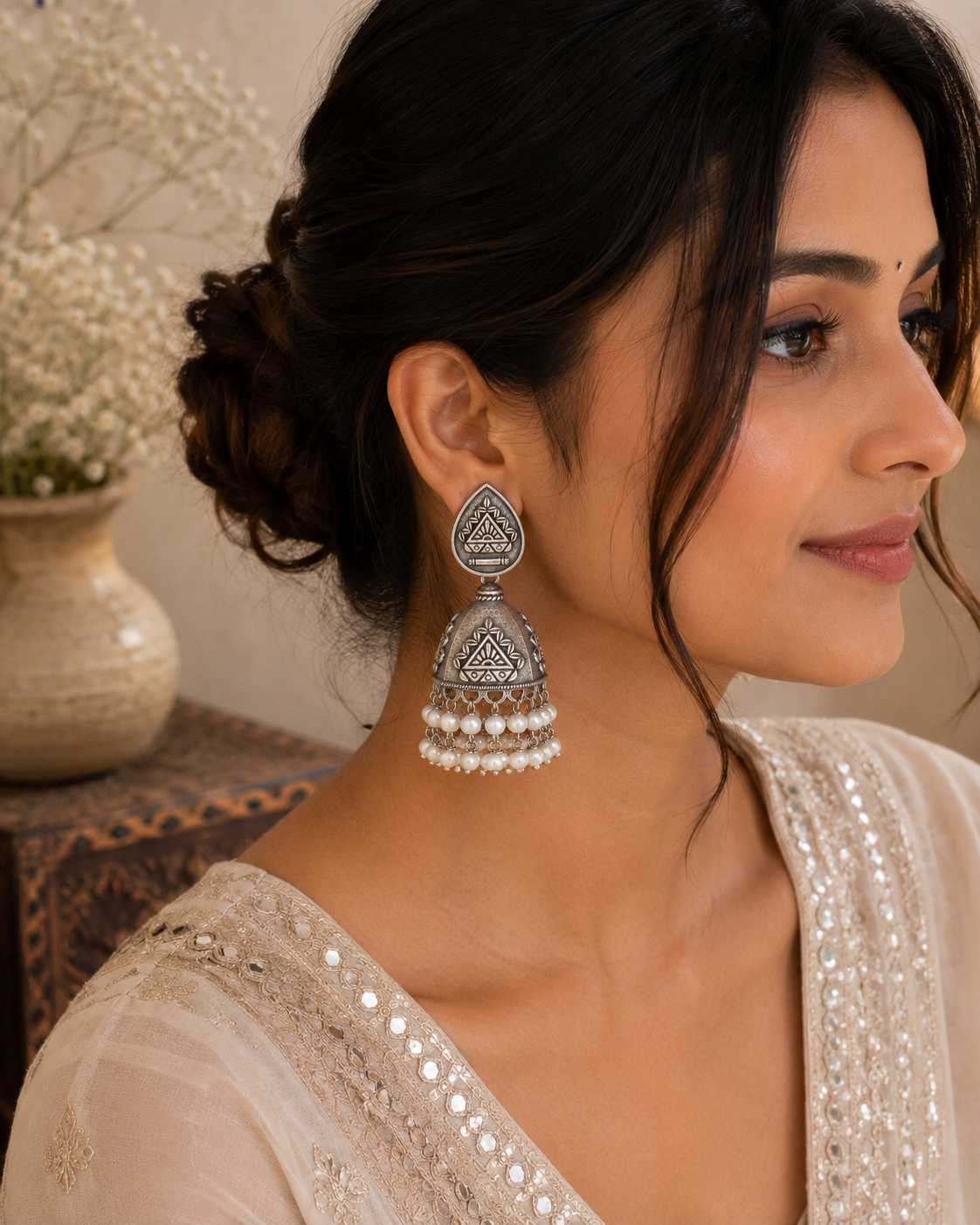 Trikon Silver Dangler Jhumkas