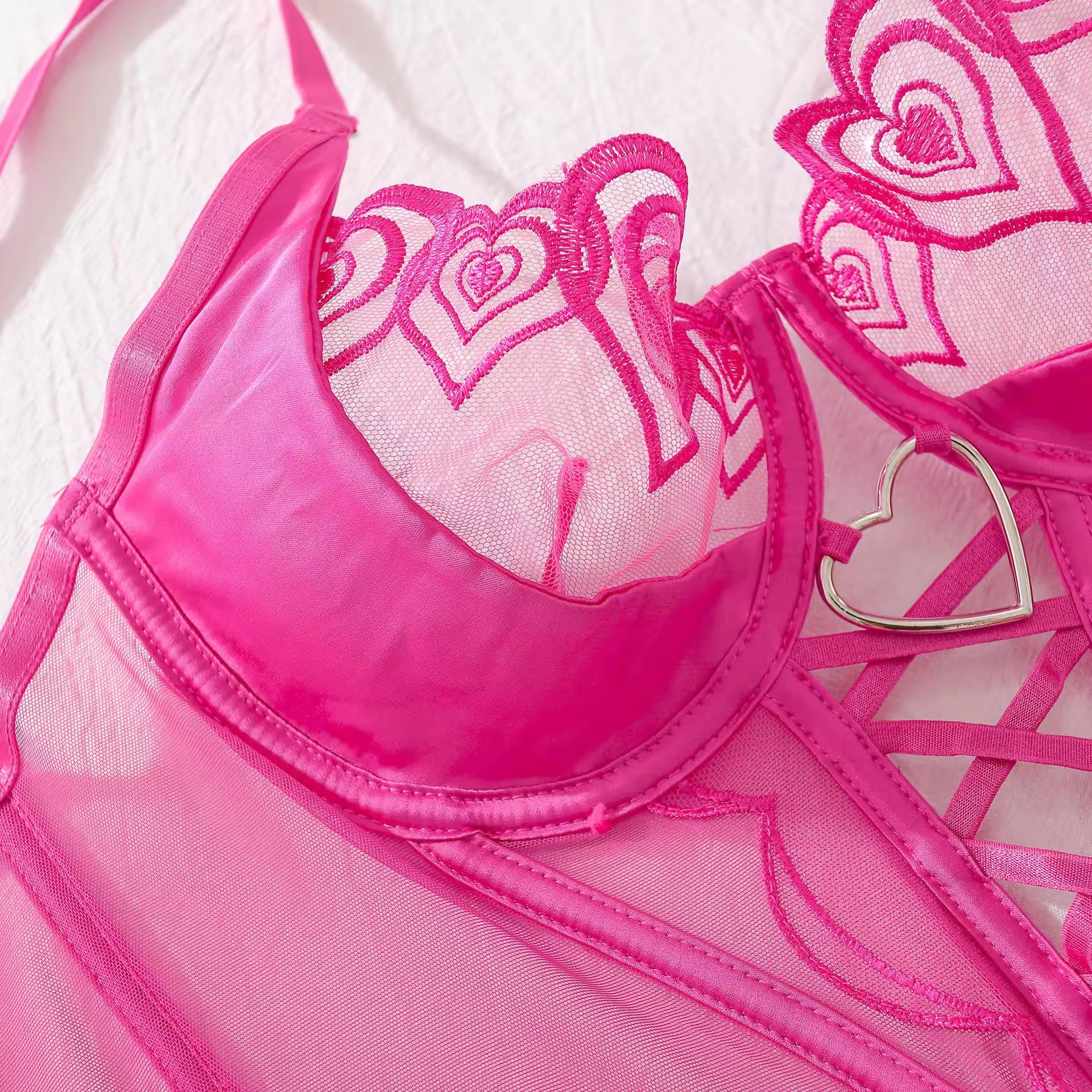 Luxury Heart Embroidery Corset Lingerie Set – Valentine Special Pink Fancy Set