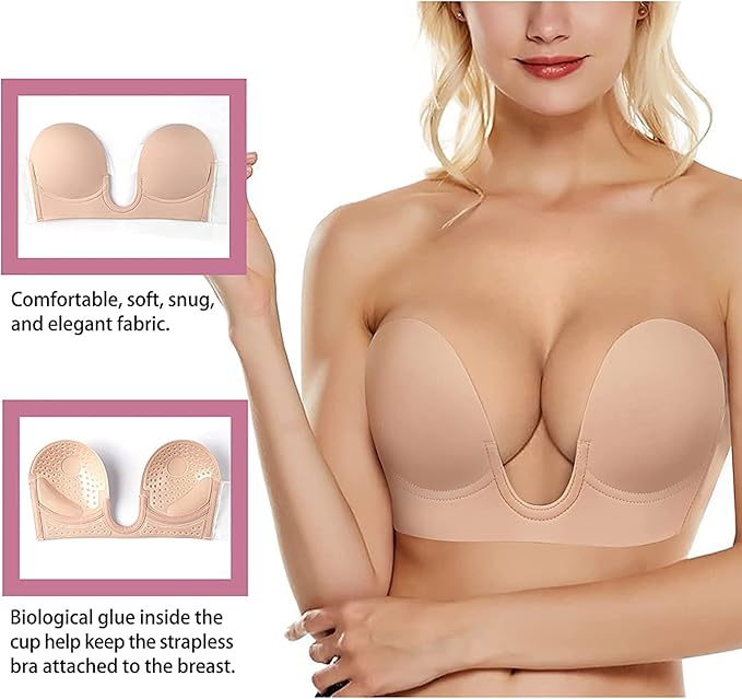 Strapless Deep U Plunge Push-Up Bra – Invisible Adhesive, Backless & Wire-Free