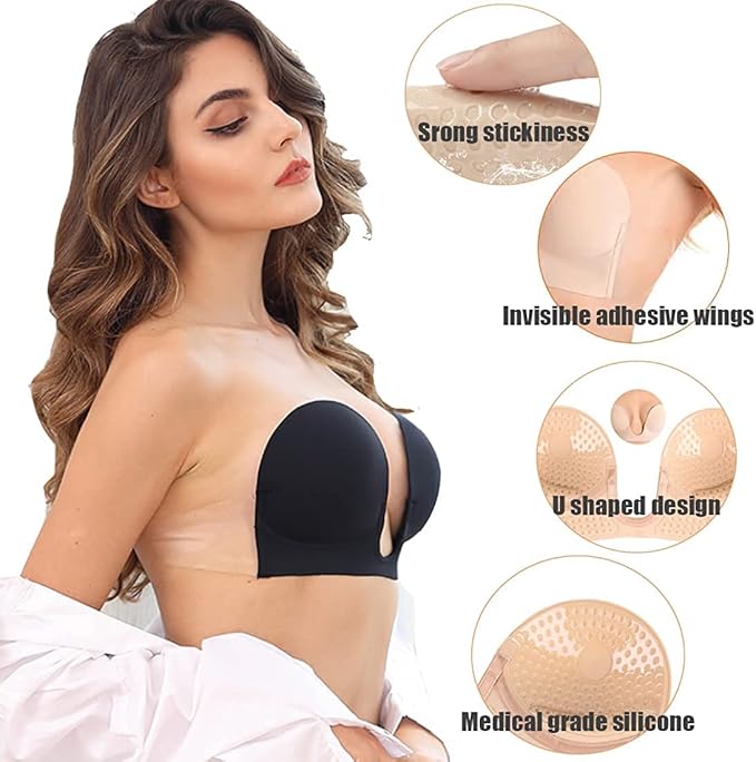 Strapless Deep U Plunge Push-Up Bra – Invisible Adhesive, Backless & Wire-Free