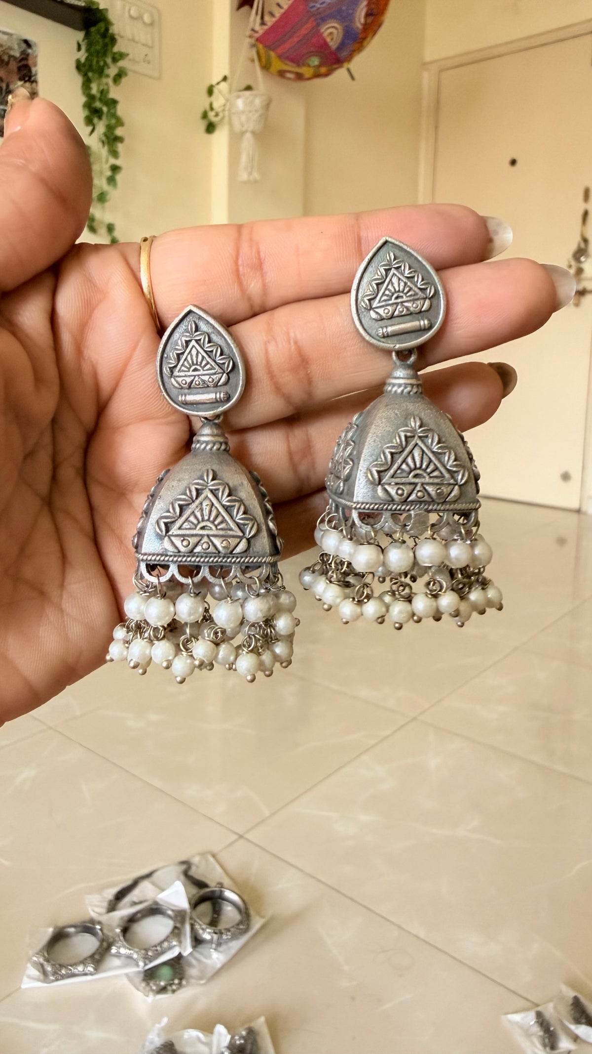 Trikon Silver Dangler Jhumkas