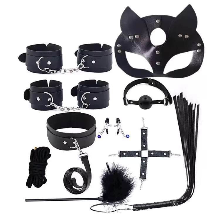 Premium Leather Couple Bondage & Intimacy Kit for Couples – 10 Piece Play Set (Black)