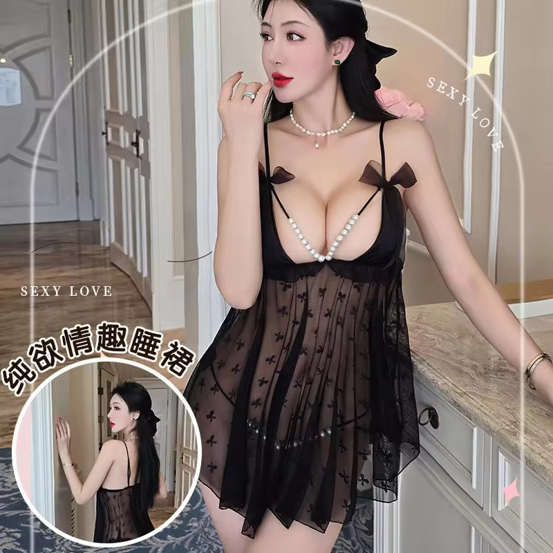 Women’s Sheer Babydoll Nightwear with Pearl Detail | Fancy Lingerie Dress – Pink, Black & Red