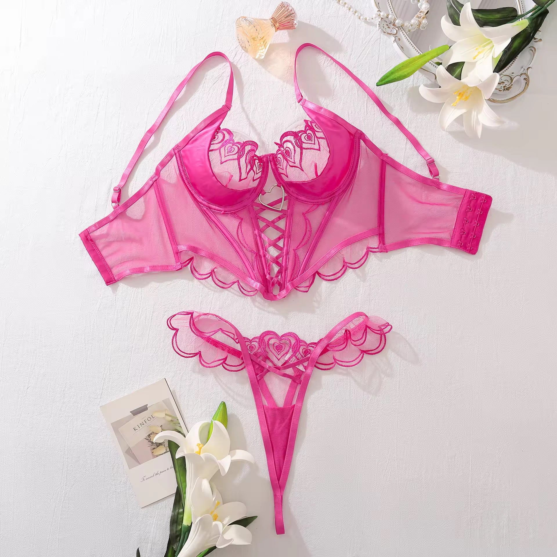 Luxury Heart Embroidery Corset Lingerie Set – Valentine Special Pink Fancy Set