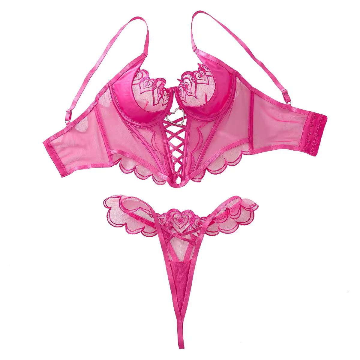 Luxury Heart Embroidery Corset Lingerie Set – Valentine Special Pink Fancy Set