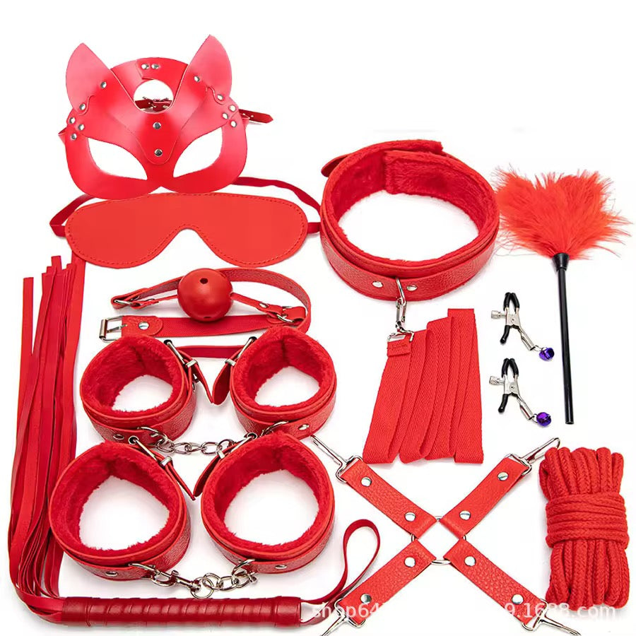 Sexy Leather BDSM Kits Plush Sex Bondage Set Handcuffs Sex Games Whip Gag Nipple Clamps Sex Toys for Couples Exotic Accessories(10 Red BDSM Kits)