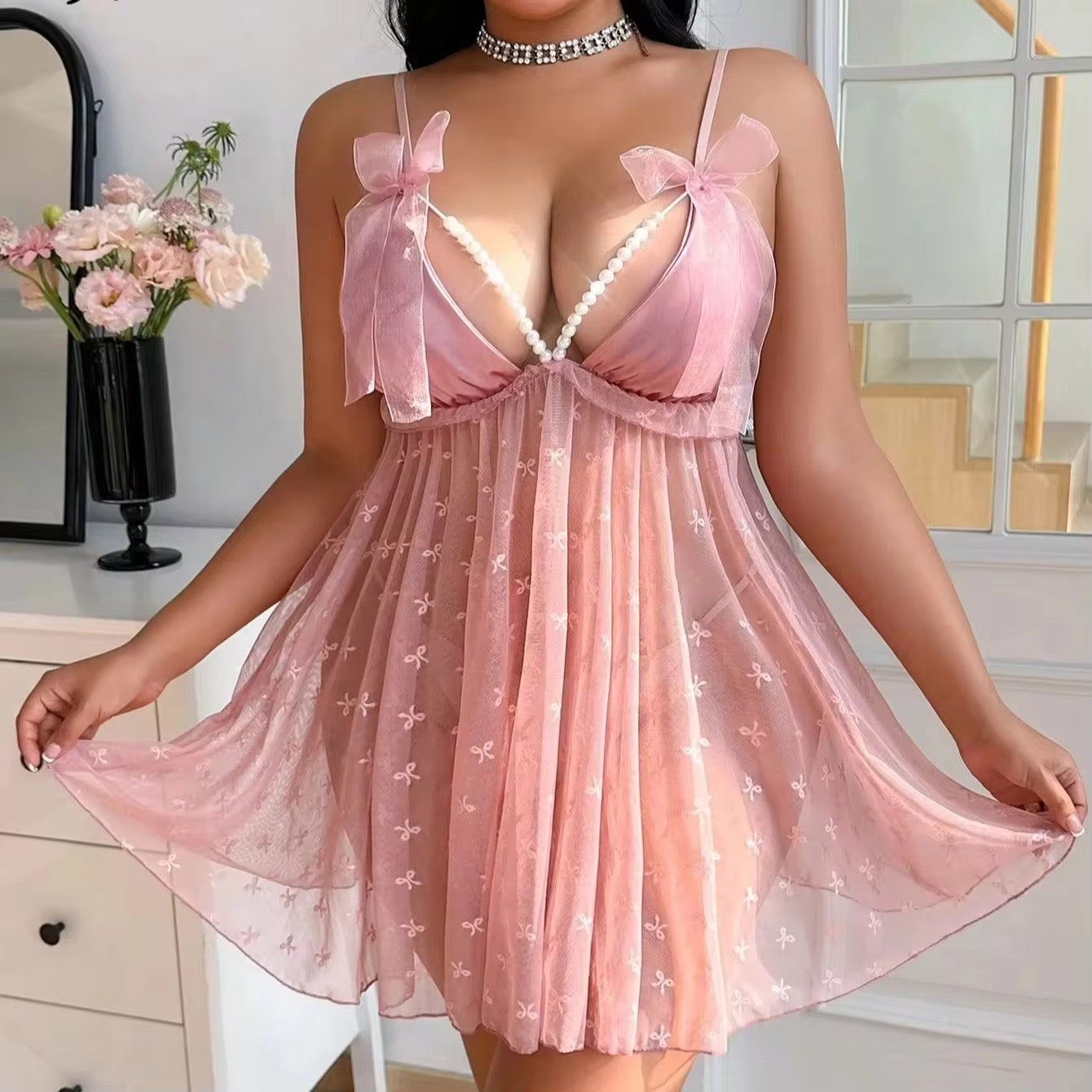 Women’s Sheer Babydoll Nightwear with Pearl Detail | Fancy Lingerie Dress – Pink, Black & Red