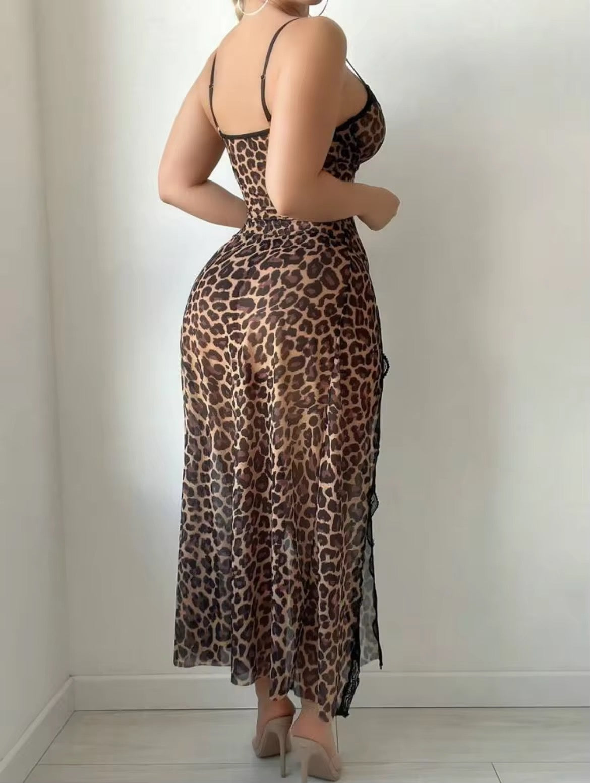 Women’s Leopard Print Sheer Nightwear Dress | Fancy Long Lingerie with Slit – Free Size (M-XL)
