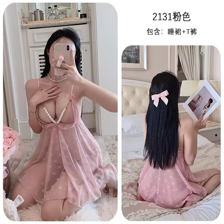 Women’s Sheer Babydoll Nightwear with Pearl Detail | Fancy Lingerie Dress – Pink, Black & Red