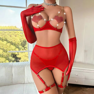 Showstopper Sparkle Mesh Intimate Wear Set | With Chains, Gloves & Garter Belt | Free Size (Fits S M L)