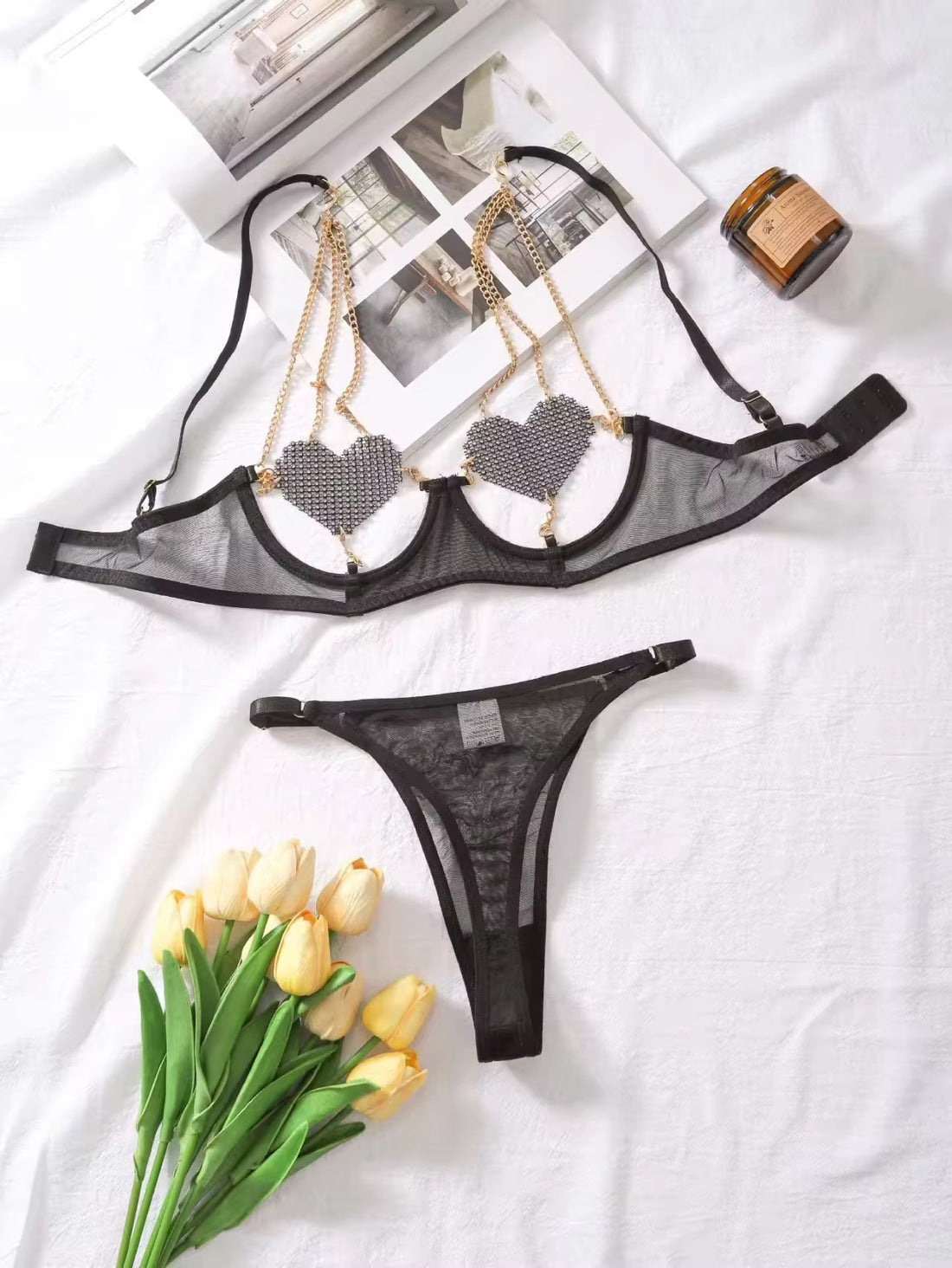 Showstopper Sparkle Mesh Intimate Wear Set | With Chains, Gloves & Garter Belt | Free Size (Fits S M L) – Black