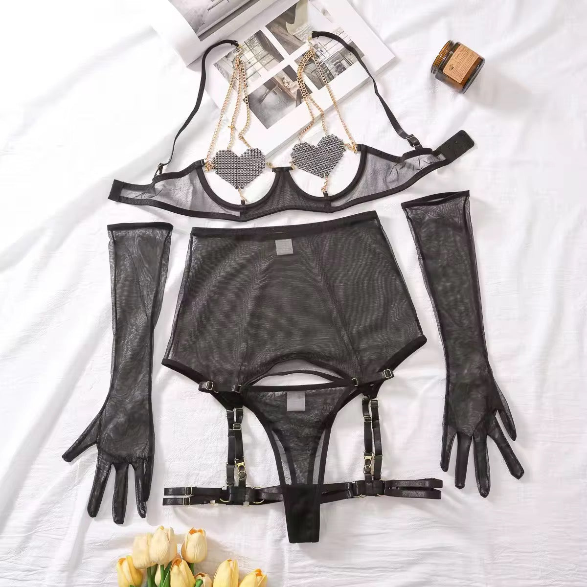 Showstopper Sparkle Mesh Intimate Wear Set | With Chains, Gloves & Garter Belt | Free Size (Fits S M L) – Black
