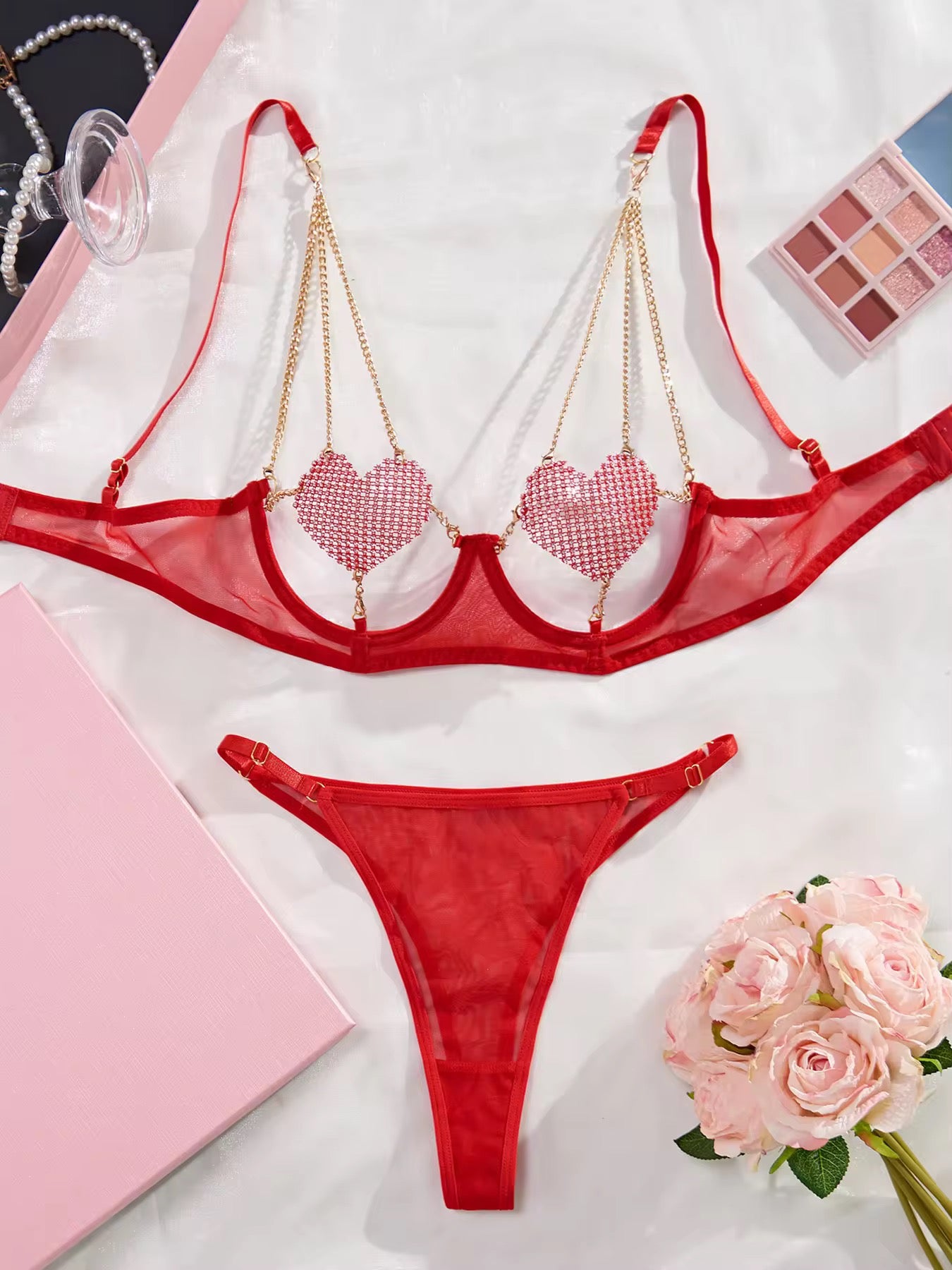 Showstopper Sparkle Mesh Intimate Wear Set | With Chains, Gloves & Garter Belt | Free Size (Fits S M L)
