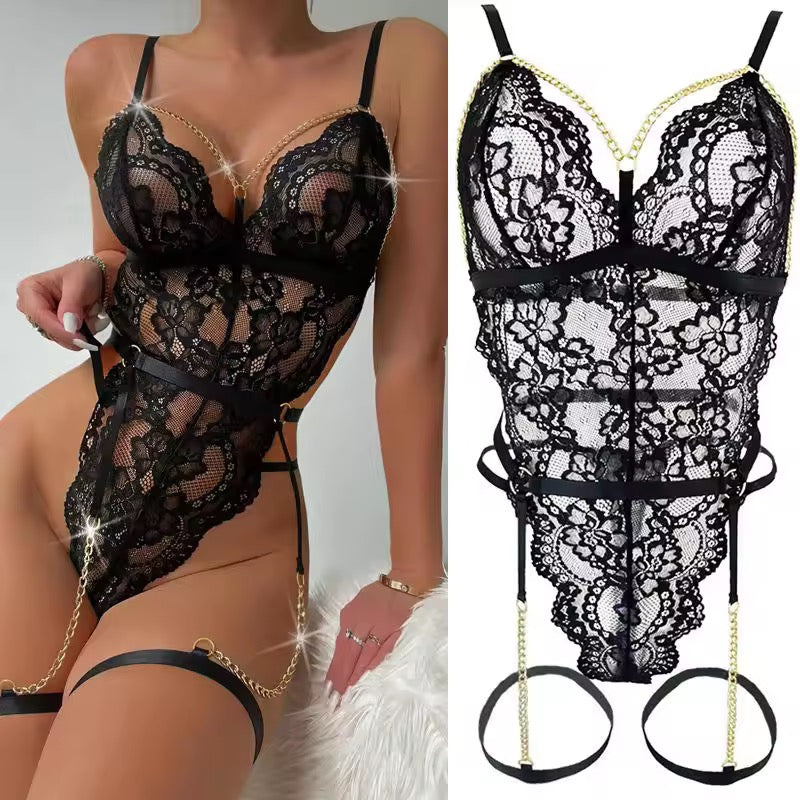 “Golden Desire Black Lace Bodysuit | Fancy Intimate Wear | Free Size S-M-L”