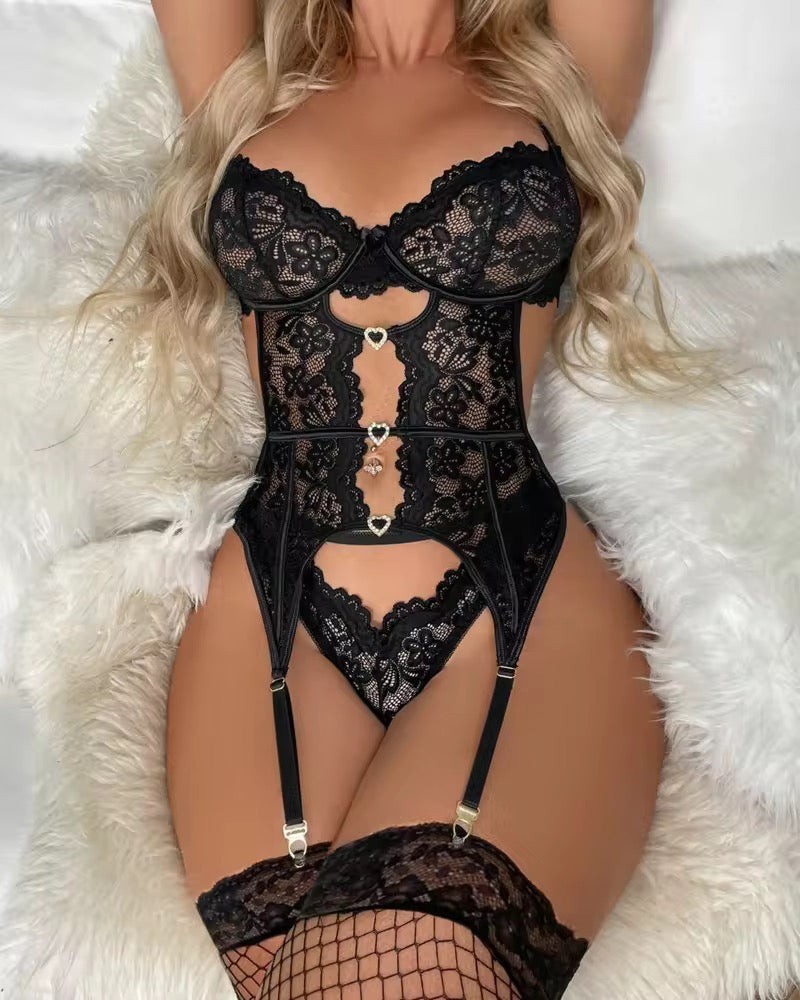 Black Lace Strappy Lingerie Bodysuit | Fancy Intimate Wear with Heart Ring & Garter Detail | Sexy Sheer Nightwear M, L & XL