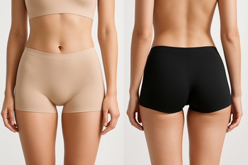 CREATE ONE MODEL IMAGE FACELESS FOR THIS BOYSHORTS SKIN AND BLACK COLOR . SEAMLESS BOYSHORT . CAN WEAR FOR SHORT DRESS GYMM AND ALL . GIVE ME FRONT AND BACK FOR THIS PRODUCT