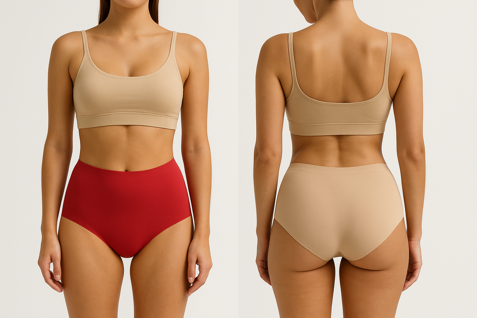 CREATE RED AND SKIN SEEMLESS HIPSTER HIGHCOVERAGE PANTY IMAGE WITH FACELESS MODEL WITH FRONT AND BACK IMAGE. NO NUDITY