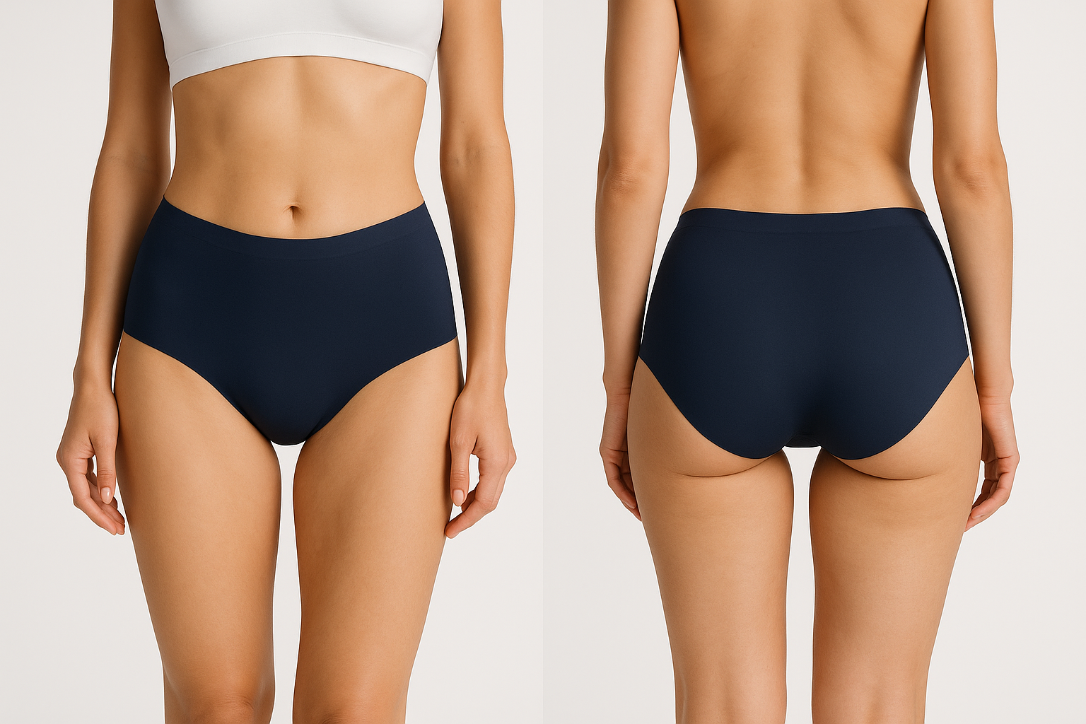 GENERATE IN DARK BLUE COLOR ALSO . SEAMLESS PANTY HIPSTER HIGH COVERAGE. FRONT AND BACK. FACELESS MODEL . NO NUDITY. 