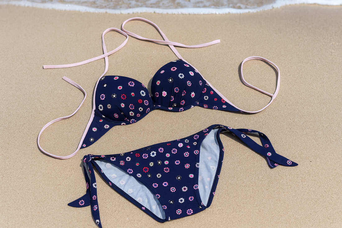 Women’s Floral Print Bikini Set – Navy Blue Halter Bra & Tie-Side Panty, Free Size Swimwear